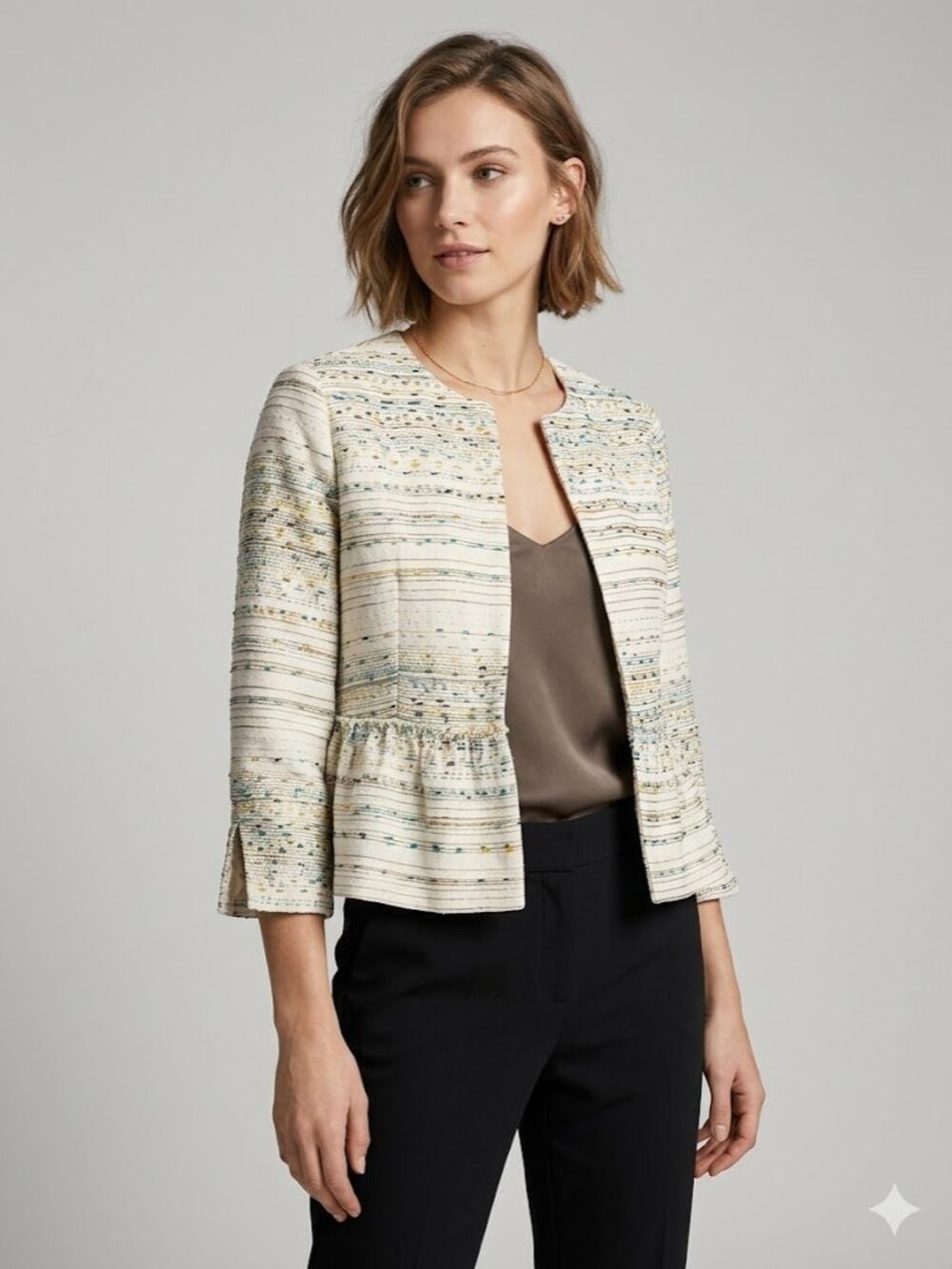 Zara Basic Peplum Jacket Metallic Multi-Color Striped Tweed Detail